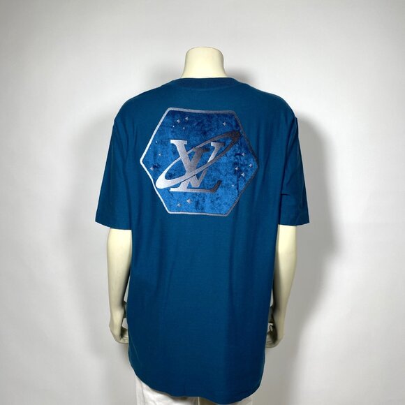 LOUIS VUITTON Teal Cotton Jacquard Velour 'Space' Logo Tee - Picture 3 of 8